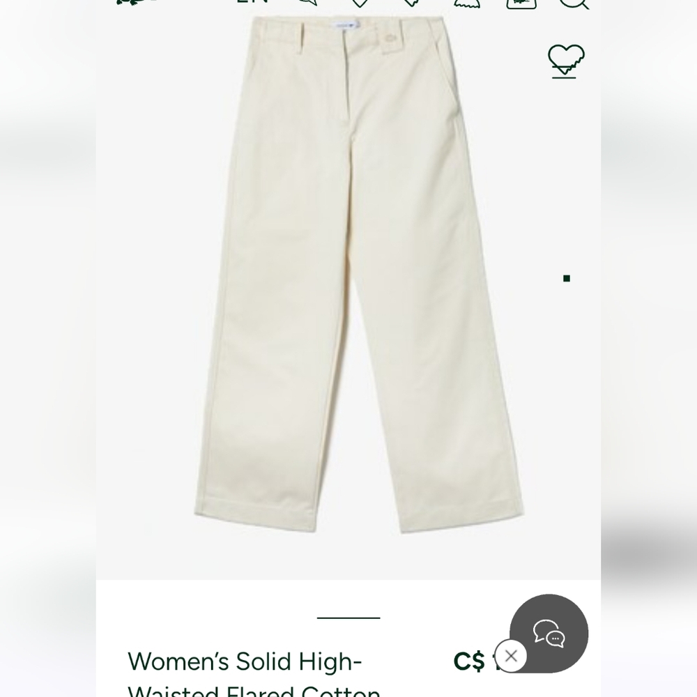 Lacoste Women's Cream  High-Waisted Cotton Pants W/Straight/Flare.  Size 40(8)